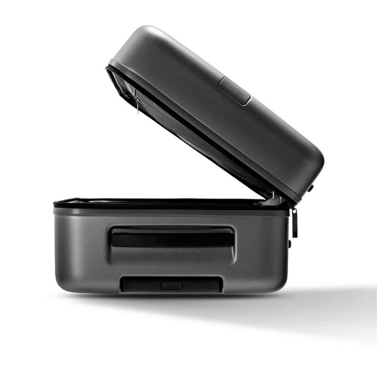 Mala de Viagem Xiaomi Luggage Classic Pro cinzento, aberta, com 4 rodas e capacidade de 80L.