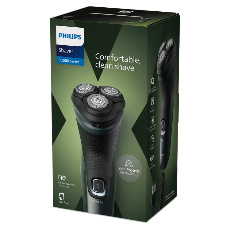 Philips Shaver 3000X Series, black electric shaver with three shaving heads.
