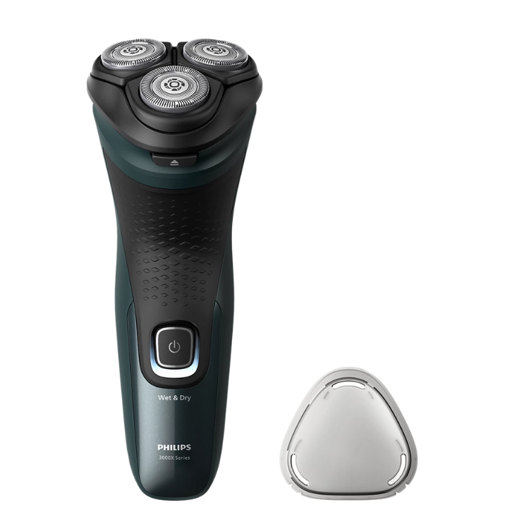 Philips Shaver 3000X Series electric shaver, black and green, with three shaving heads and protective cap.
