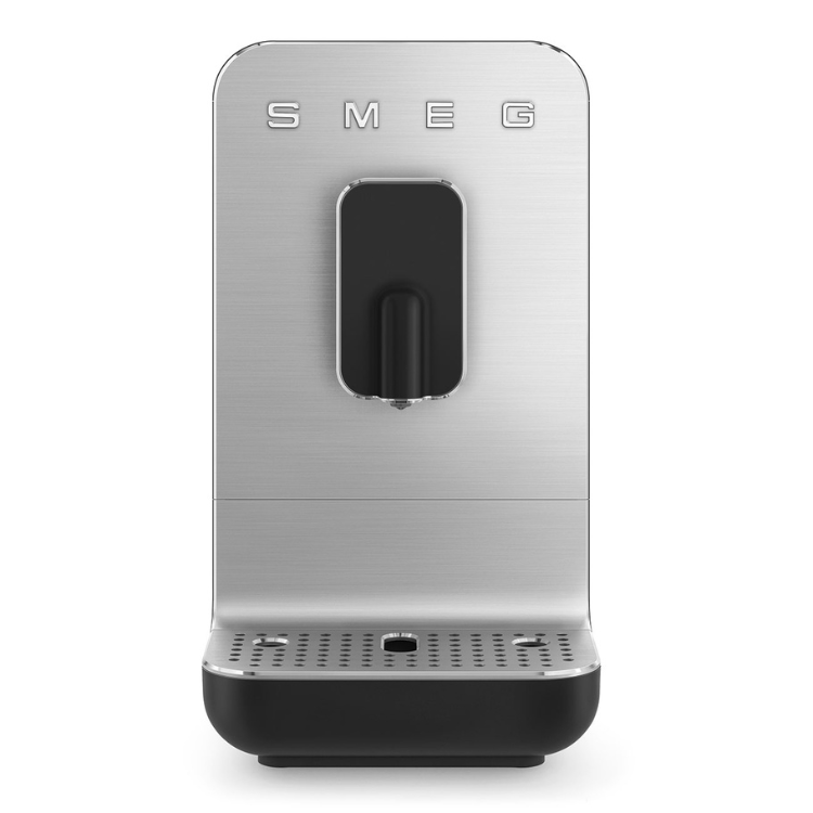 SMEG automatic coffee machine, silver and black, front view.