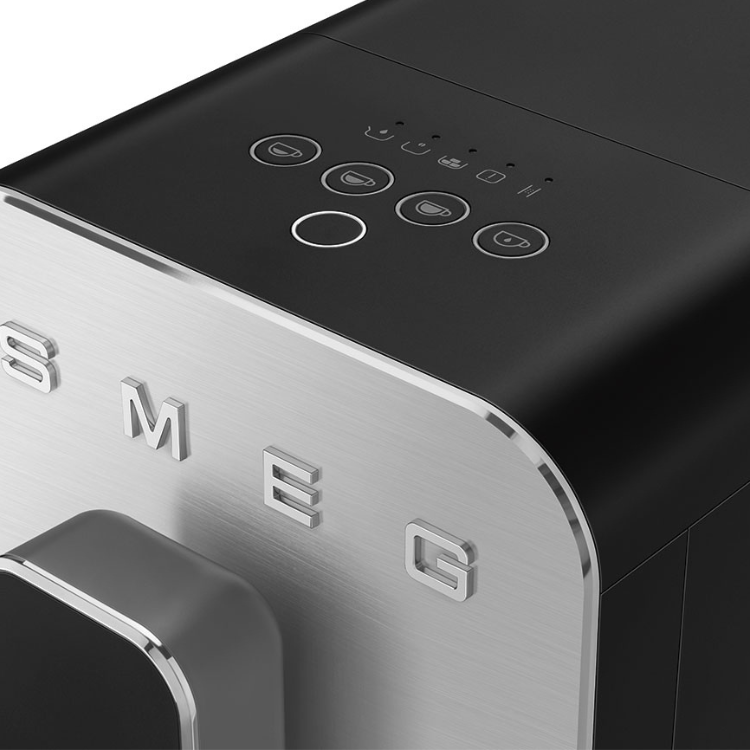 Black Smeg automatic coffee machine control panel and logo.