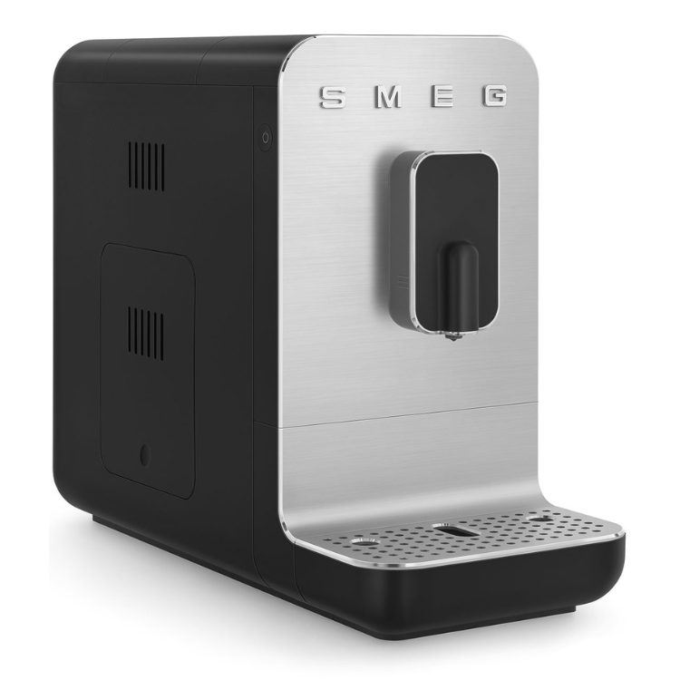 Smeg automatic coffee machine, black and silver, angled view.
