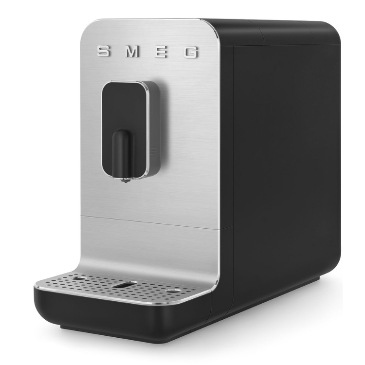 SMEG automatic coffee machine, black and silver, front view.