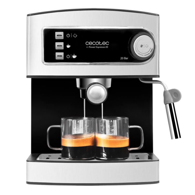 Cecotec Power Espresso 20 Professionale coffee machine, silver, with two glass cups filling with espresso.