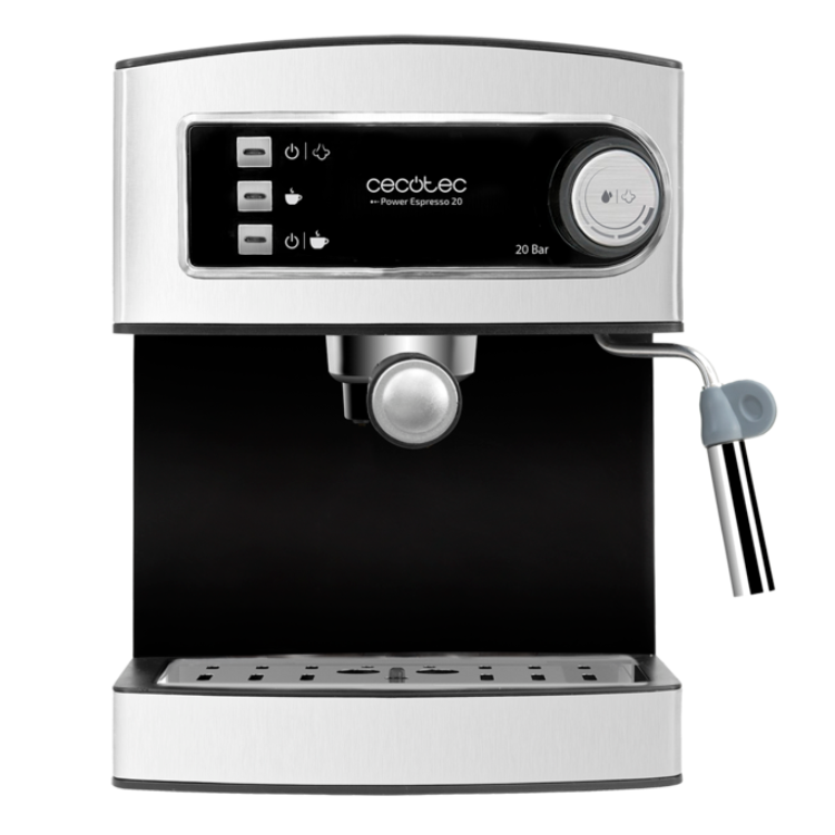 Cecotec Power Espresso 20 Professionale coffee machine, silver and black, 20 Bar, control panel and steam wand visible.