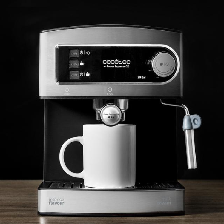 Cecotec Power Espresso 20 Professionale coffee machine, stainless steel, with white mug, on wooden surface.