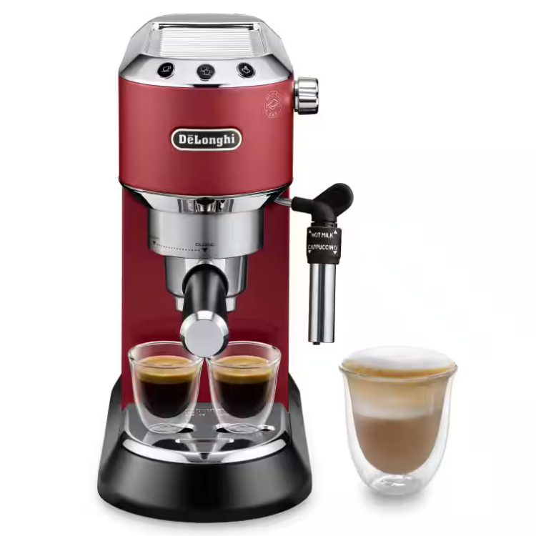 Red De'Longhi manual espresso machine with two cups of espresso and a cappuccino.