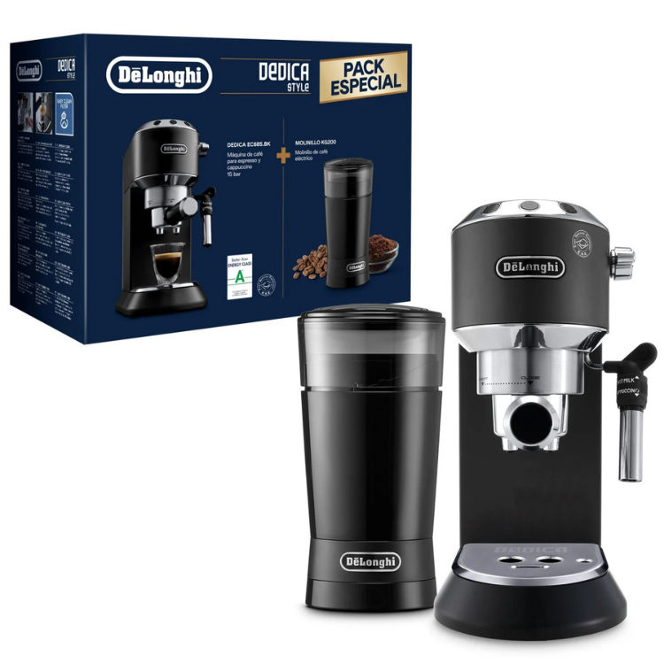 De'Longhi Dedica espresso machine and coffee grinder, black with silver accents.