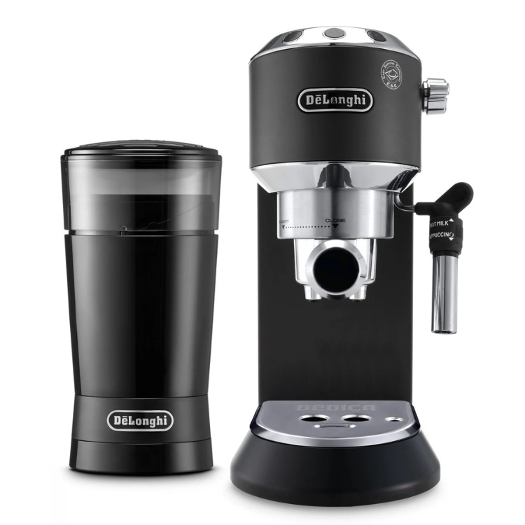 Black De'Longhi Dedica espresso machine with manual coffee grinder.
