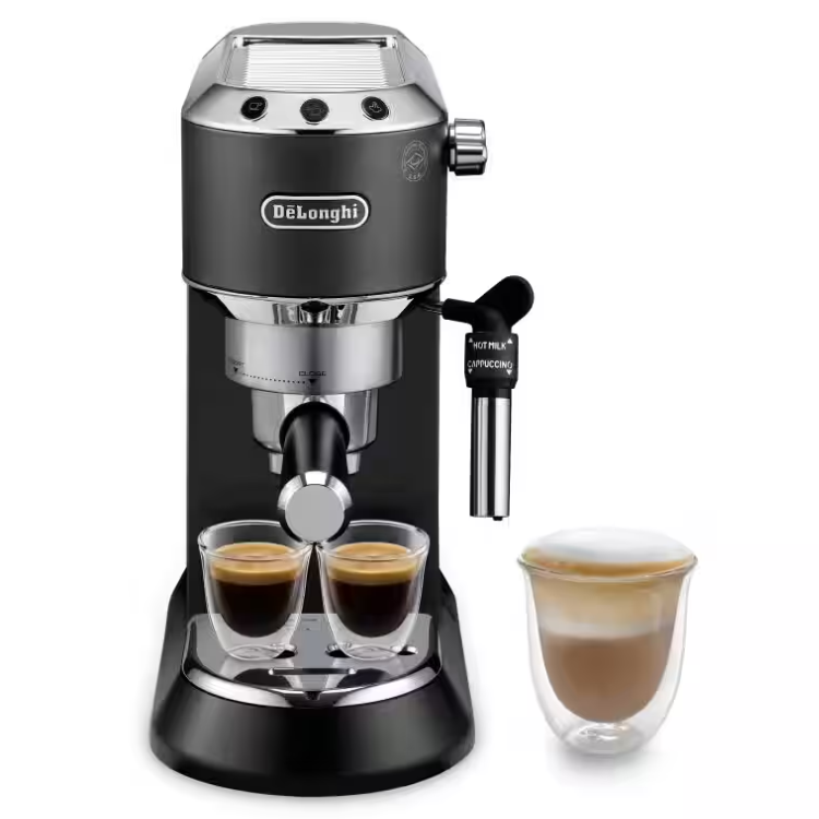 Black De'Longhi espresso machine with two cups of espresso and a cappuccino.