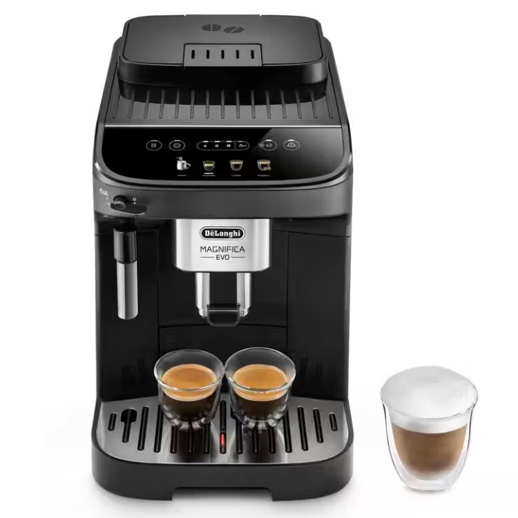 Black De'Longhi Magnifica Evo automatic coffee machine with two cups of coffee and a cappuccino.