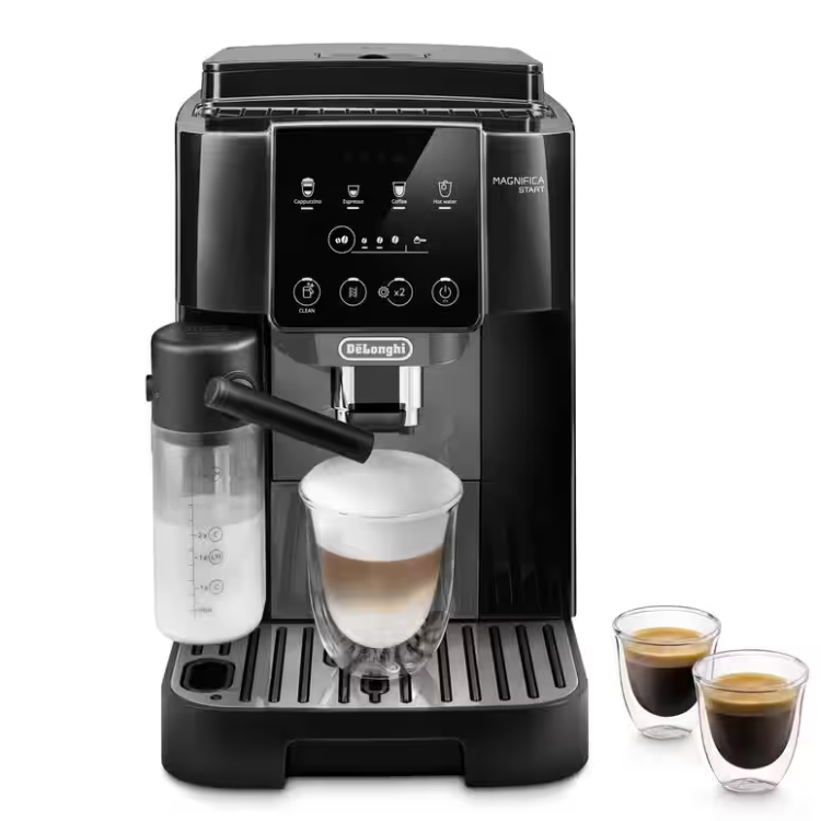 Black Delonghi Magnifica Start LatteCrema coffee machine with milk container and three cups of coffee.