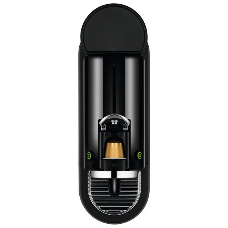Máquina de café Delonghi Nespresso Citiz preta com detalhes cromados e cápsula de café visível.