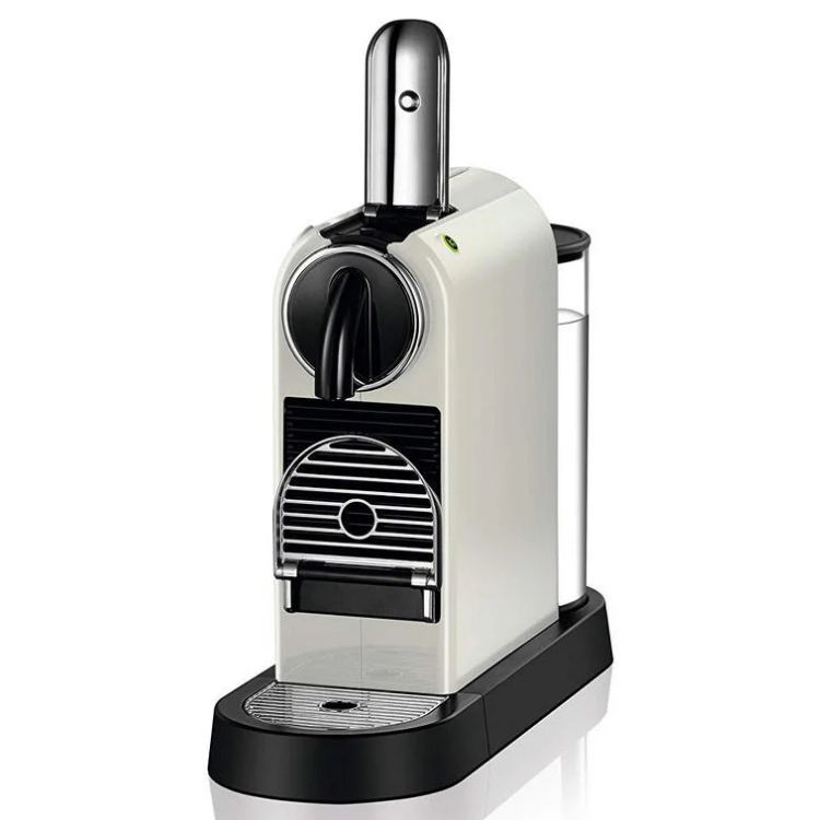 White Nespresso coffee machine, De'Longhi Citiz, with black base and accents.