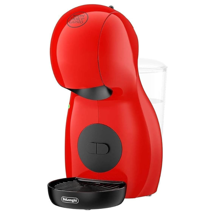 Red De'Longhi Dolce Gusto Piccolo XS coffee machine with black accents and clear water tank.