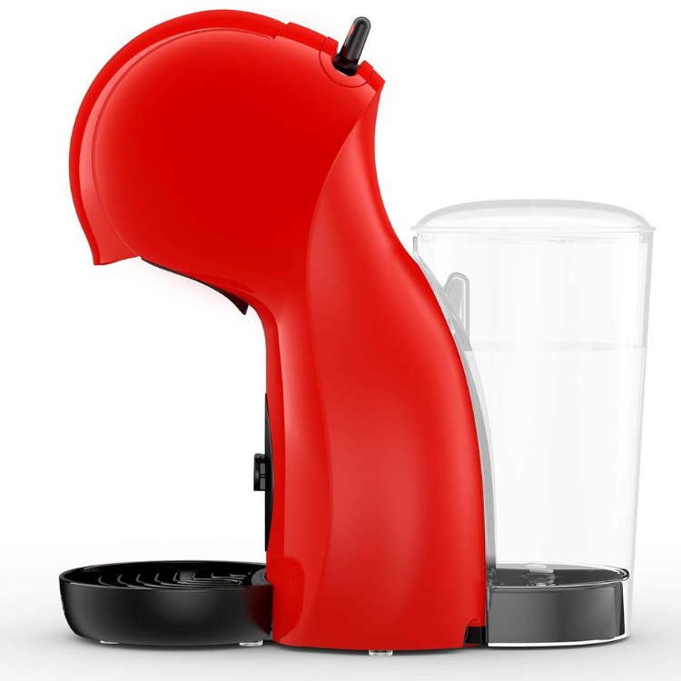 Red De'Longhi Dolce Gusto Piccolo XS coffee machine with clear water tank.