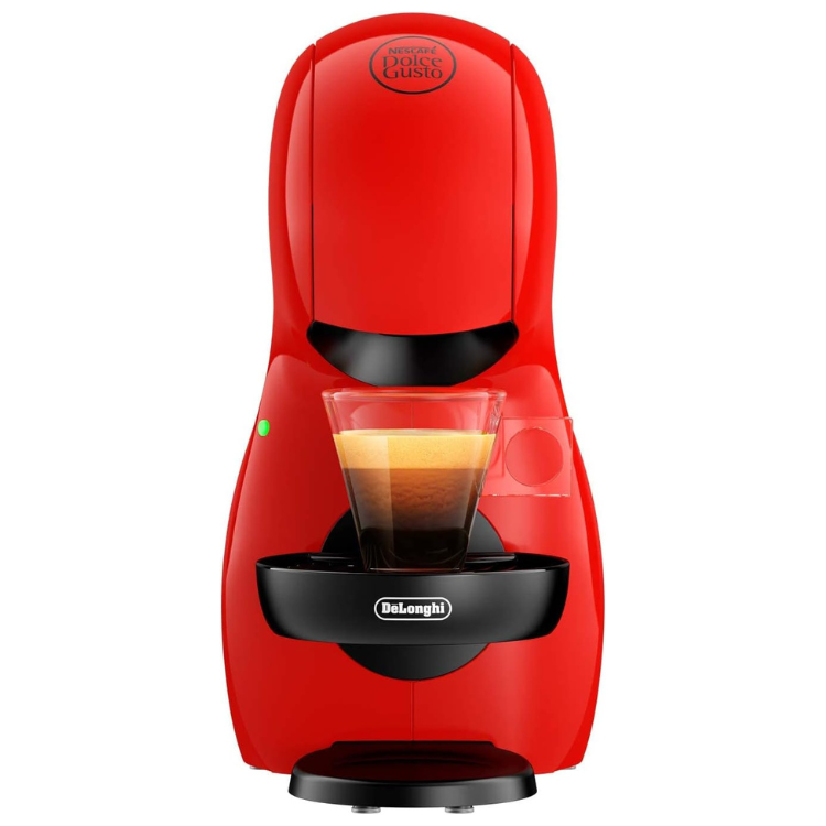 Red De'Longhi Dolce Gusto Piccolo XS coffee machine with cup under nozzle.