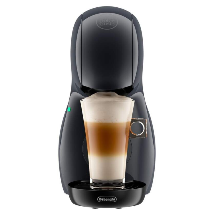 Black DeLonghi Dolce Gusto Piccolo XS coffee machine with a glass of layered coffee drink.