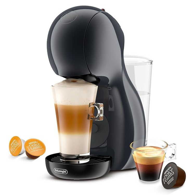 Black Delonghi Dolce Gusto Piccolo XS coffee machine with two cups and capsules.