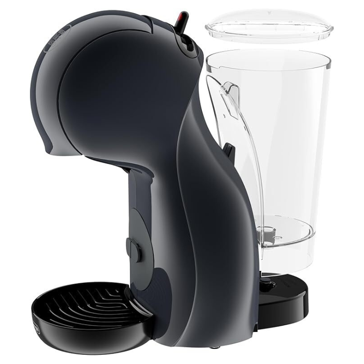 Black Delonghi Dolce Gusto Piccolo XS coffee machine with clear water tank.