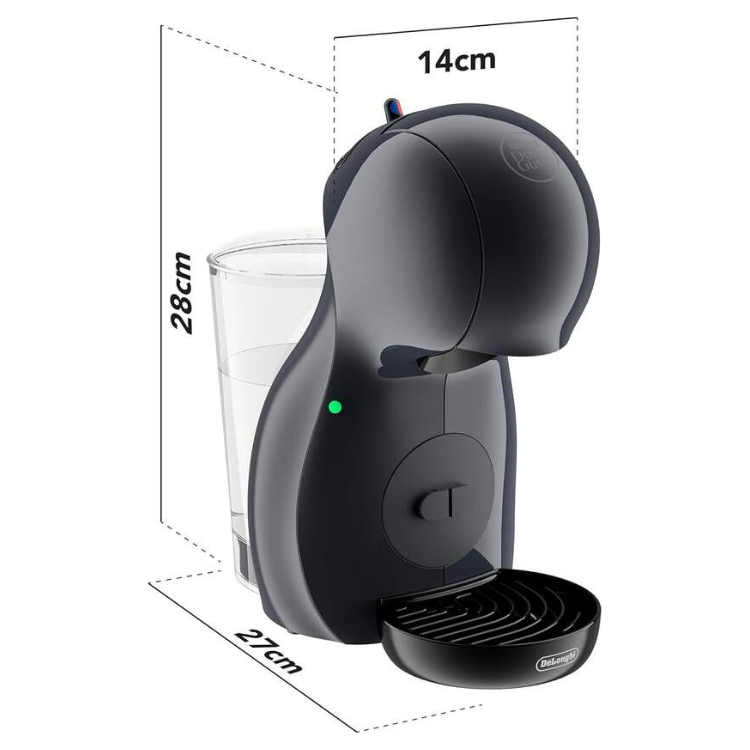 Black Delonghi Dolce Gusto Piccolo XS coffee machine, 27x14x28cm, with cup.