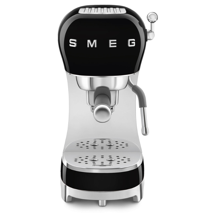 Black Smeg manual espresso machine with silver accents and white logo.