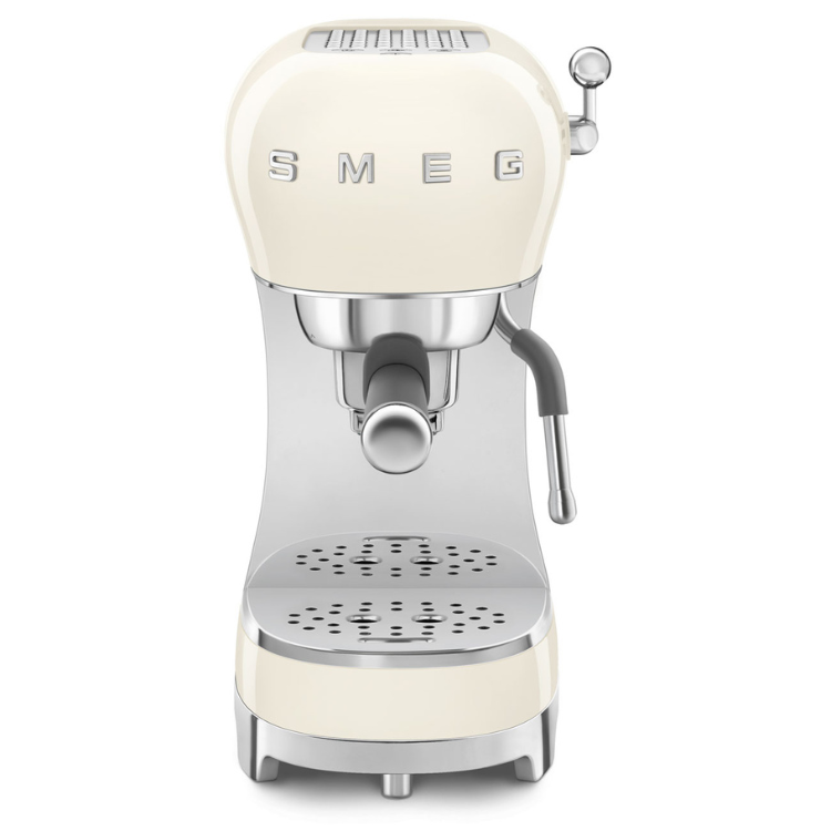 SMEG manual espresso machine, cream and stainless steel, front view.