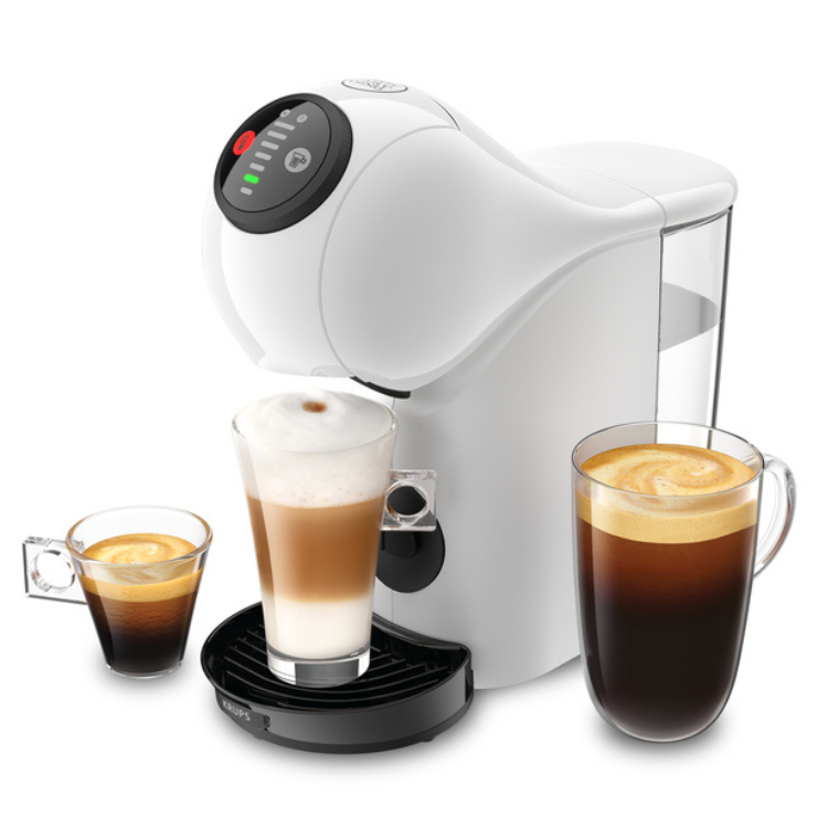 White Krups Dolce Gusto Genio S coffee machine with three glasses of coffee drinks.