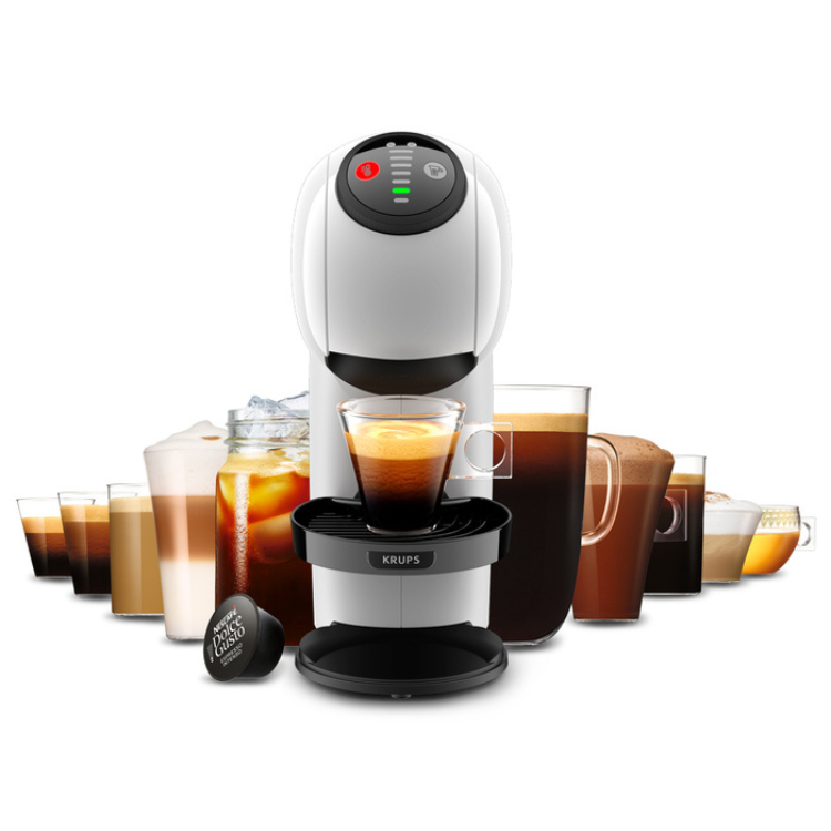Krups Dolce Gusto Genio S white coffee machine with various coffee drinks and capsules.