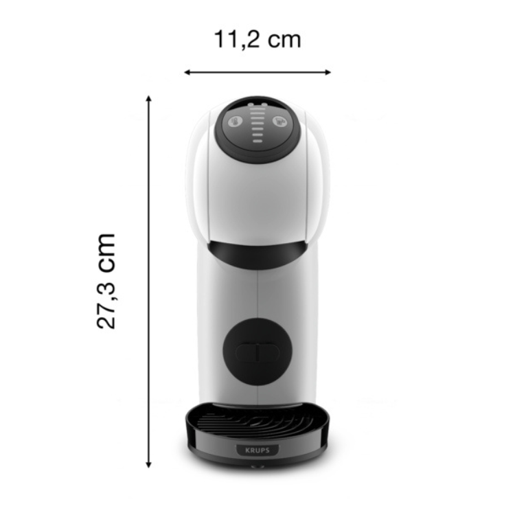White Krups Dolce Gusto Genio S coffee machine, 27.3cm tall, 11.2cm wide, black accents.
