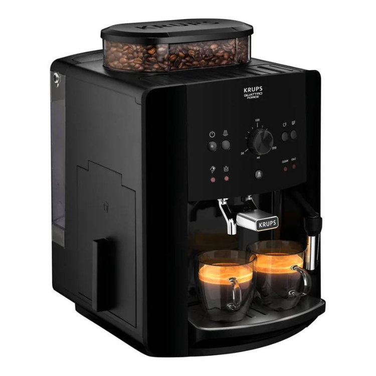 Black Krups Quattro Force coffee machine with two cups of coffee, clear bean container on top.