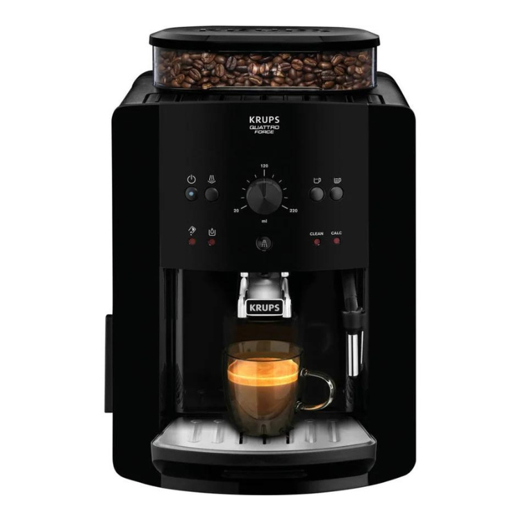 Black Krups espresso machine with coffee beans and cup.