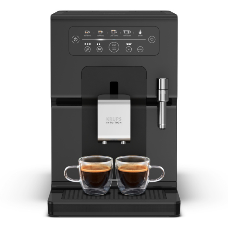 Black Krups Intuition Essential coffee machine with two cups of coffee.