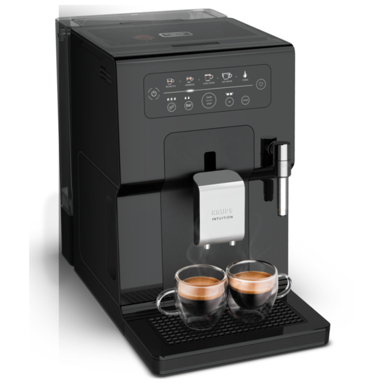 Black Krups Intuition Essential coffee machine with two cups of coffee.