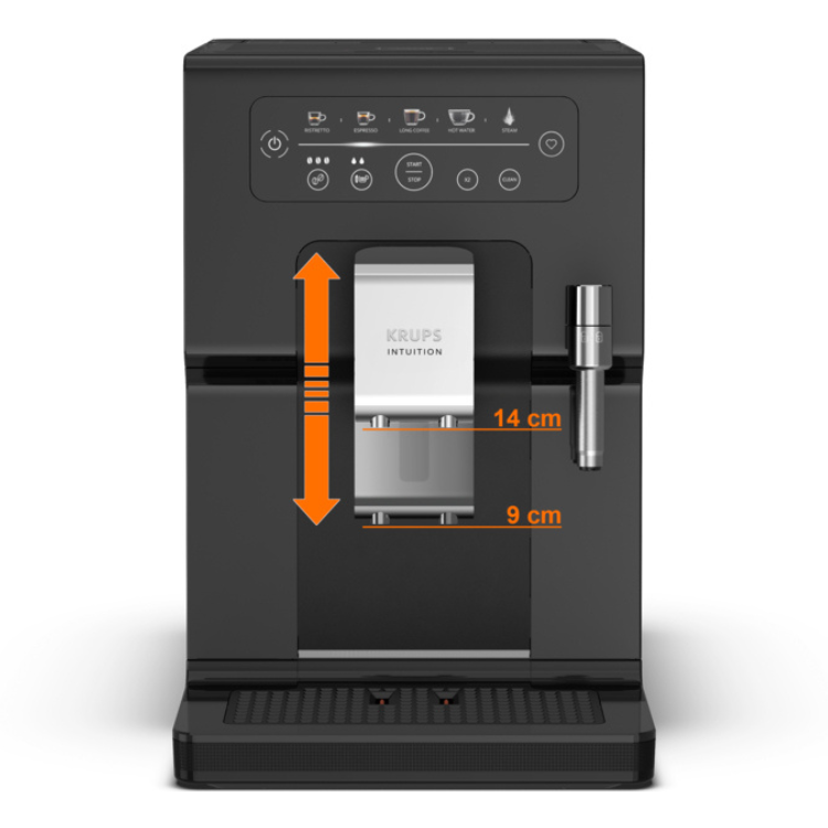 Black Krups Intuition Essential coffee machine, front view with control panel and measurements.