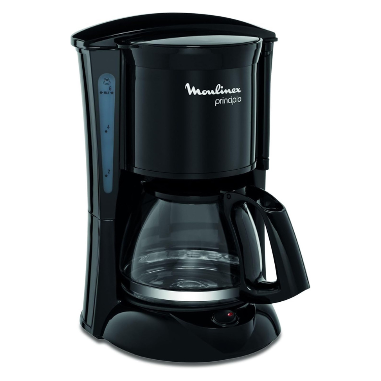 Black Moulinex Principio coffee filter machine with glass pot and buttons.