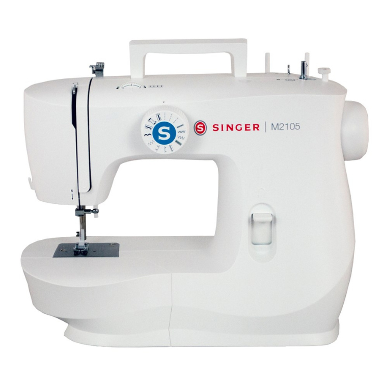 Máquina de costura Singer M2105 branca com 13 pontos integrados.