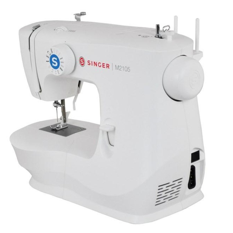 Máquina de costura Singer M2105 branca com 13 pontos integrados.