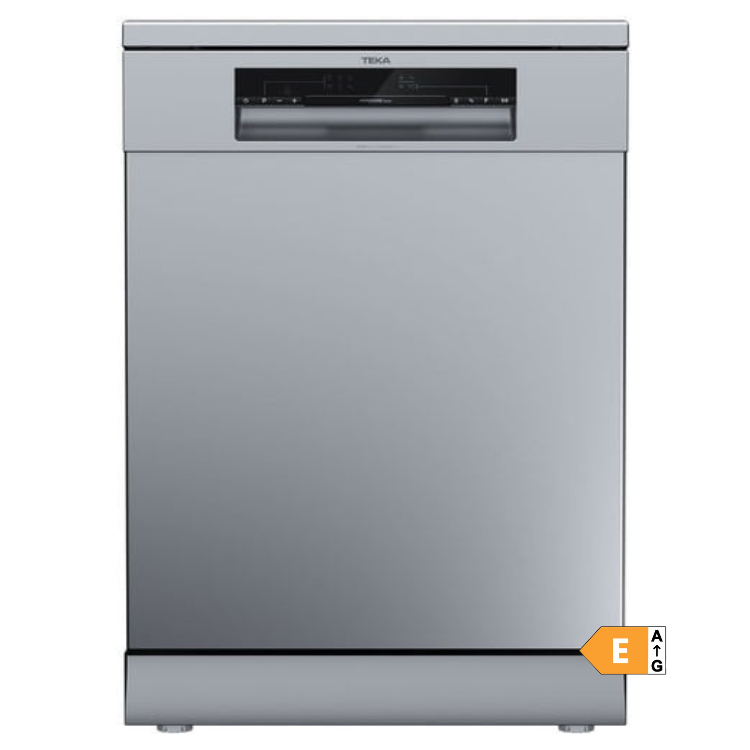 Teka DFS26650 stainless steel freestanding dishwasher with black control panel and energy efficiency label.