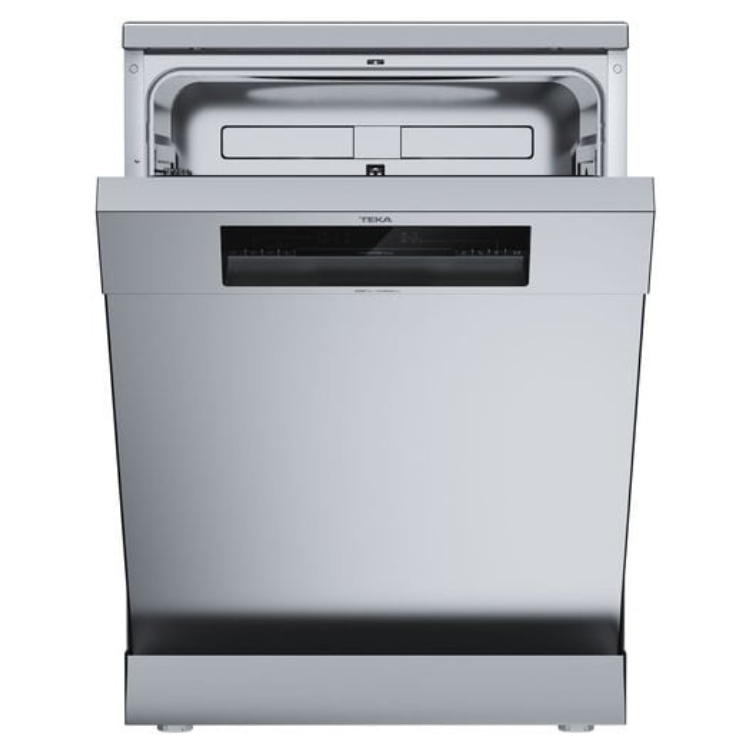Teka DFS26650 stainless steel freestanding dishwasher, front and open top view.
