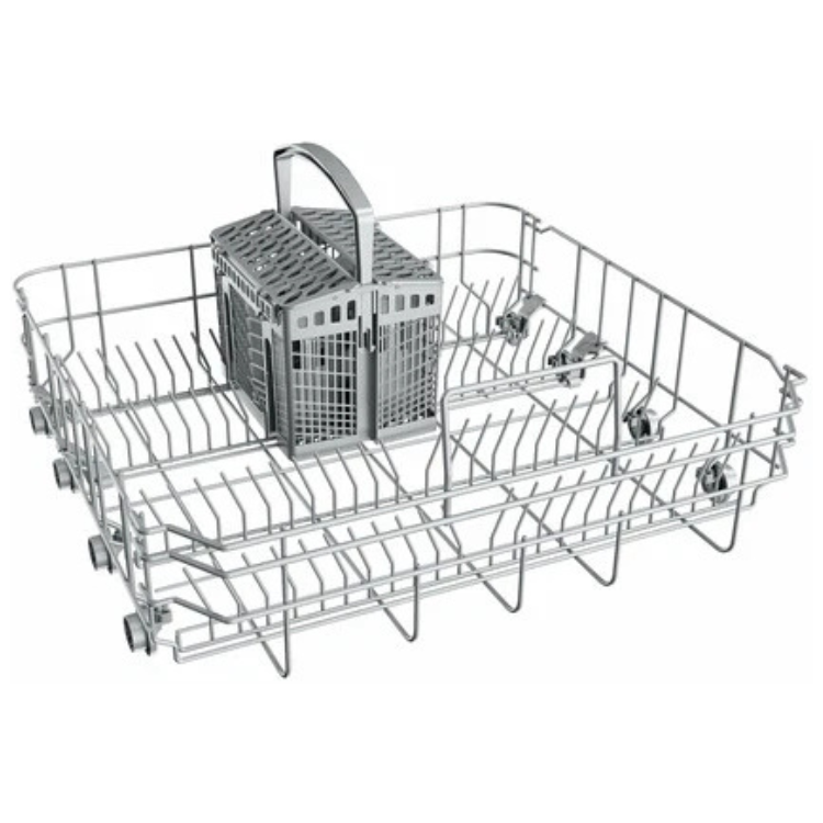 Teka DFS26650 dishwasher rack with utensil holder, stainless steel, empty.