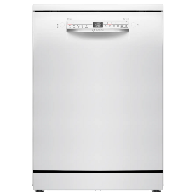 Bosch Serie 2 SMS2HTW06E white freestanding dishwasher, 13 sets, control panel and digital display visible.