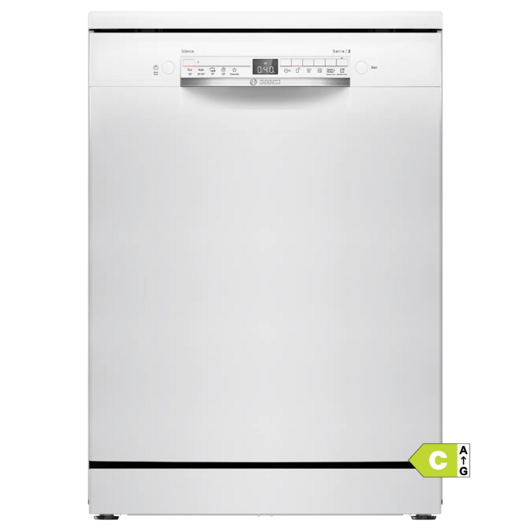 Bosch Serie 2 white dishwasher, 13 sets, digital display and control panel.
