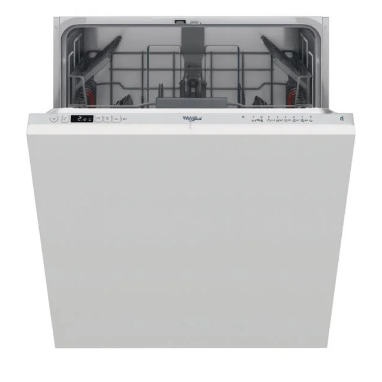 Whirlpool built-in dishwasher, 14 place settings, white, open door showing interior rack.