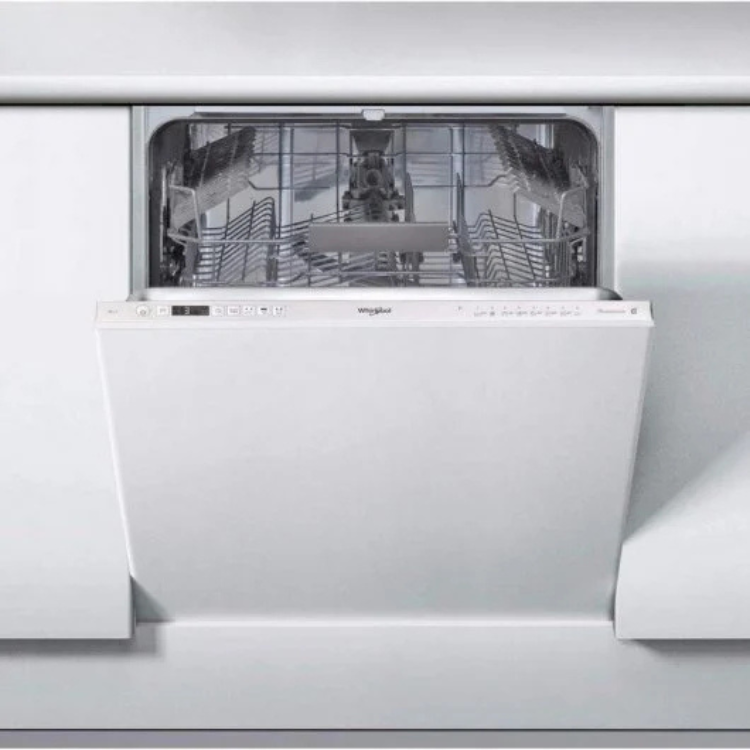 Whirlpool built-in dishwasher, 14 place settings, white, door open showing empty interior.