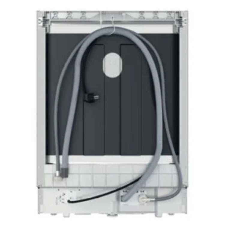 Whirlpool built-in dishwasher, 14 sets, gray and white, with hoses and pipes visible.