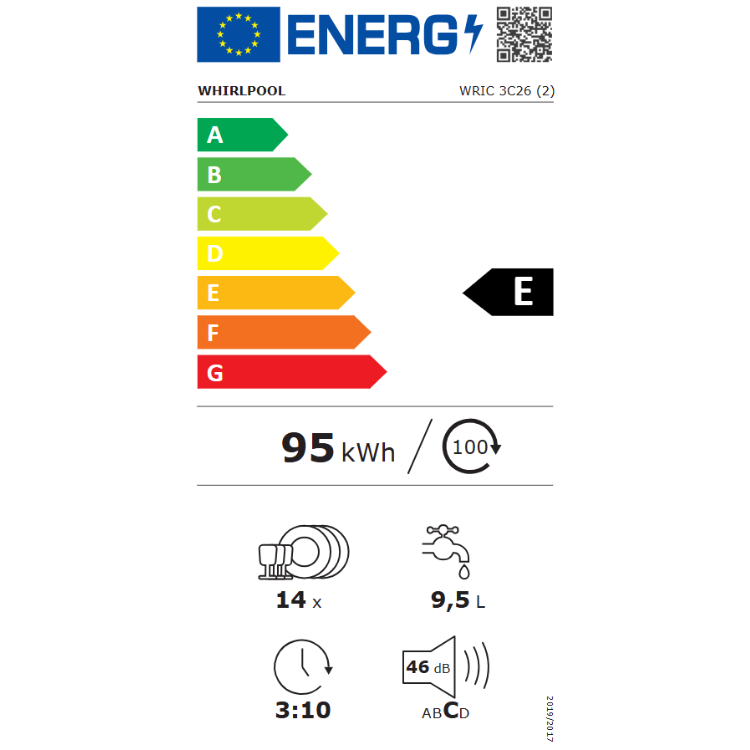 Whirlpool dishwasher energy label, E rated, 95 kWh/100 cycles.