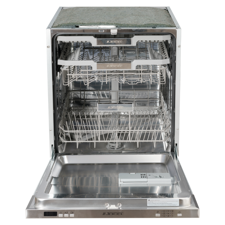 Jocel built-in dishwasher, open, stainless steel, 15 place settings.