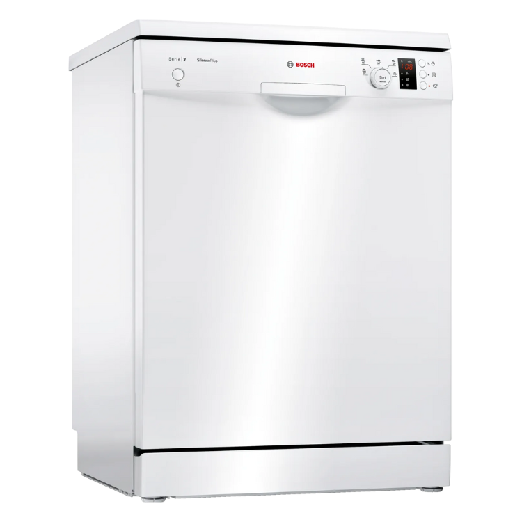 White Bosch dishwasher, 12 place settings, Serie 2, digital display and controls.