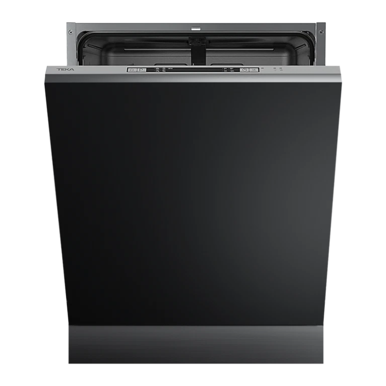 Teka DFI46650 black built-in dishwasher, 12 sets, front view with door open.